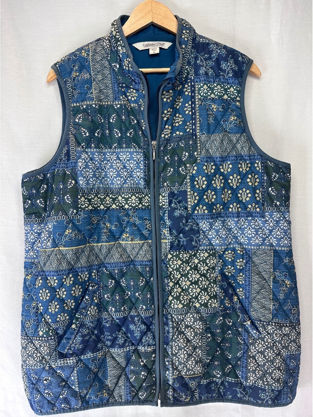 Coldwater Creek XL Blue Green Patchwork Quilted Zip Vest Boho